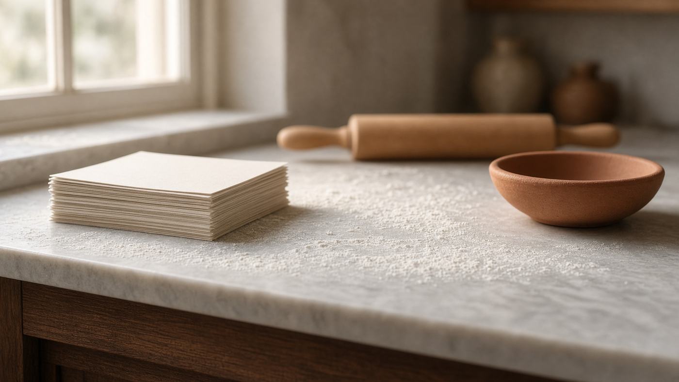 Luz da manhã numa bancada de confeitaria, com papéis creme, rolo de massa e uma tigela terracota